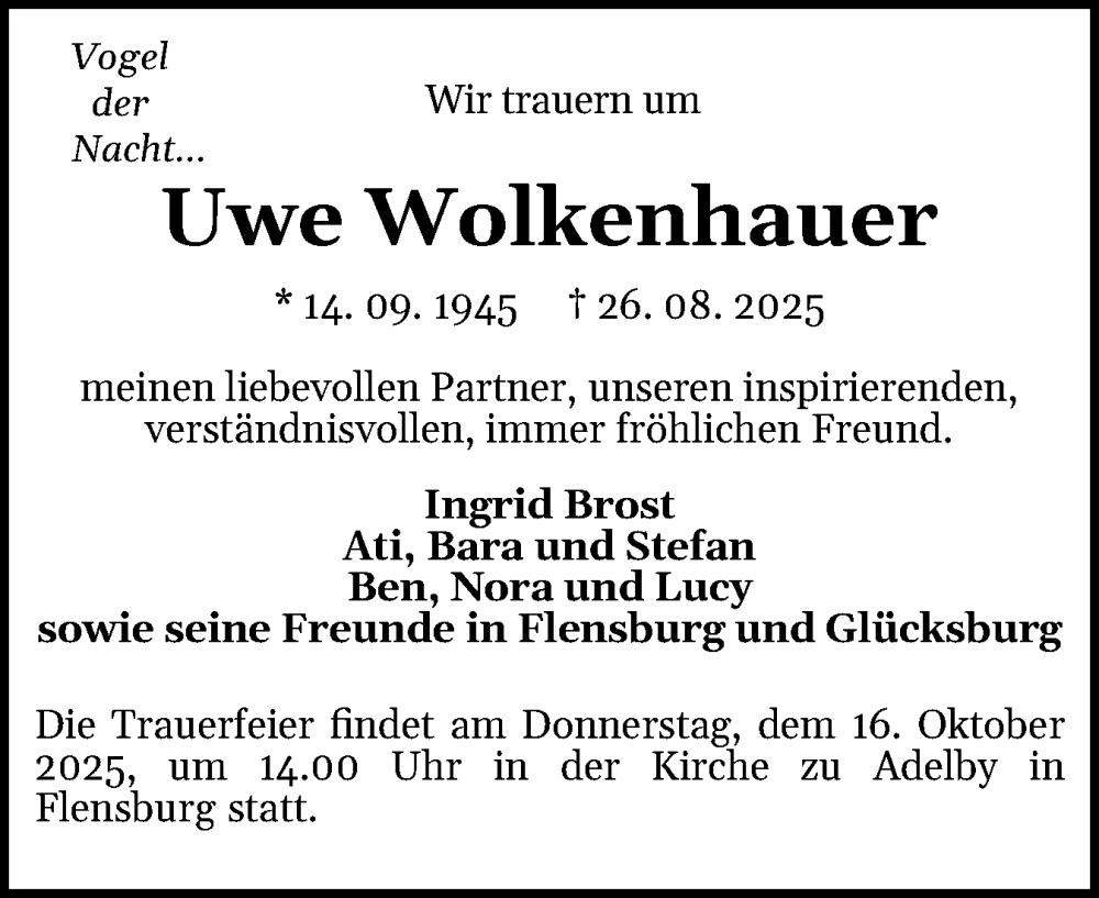  Traueranzeige für Uwe Wolkenhauer vom 13.09.2025 aus Flensburger Tageblatt