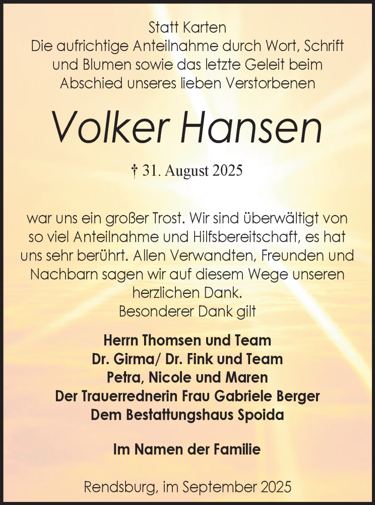  Traueranzeige für Volker Hansen vom 27.09.2025 aus Schleswig-Holsteinische Landeszeitung