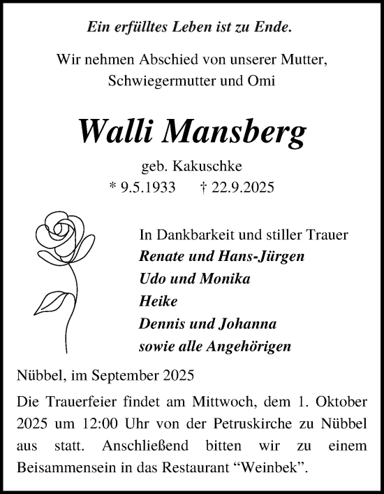 Traueranzeige von Walli Mansberg von Schleswig-Holsteinische Landeszeitung