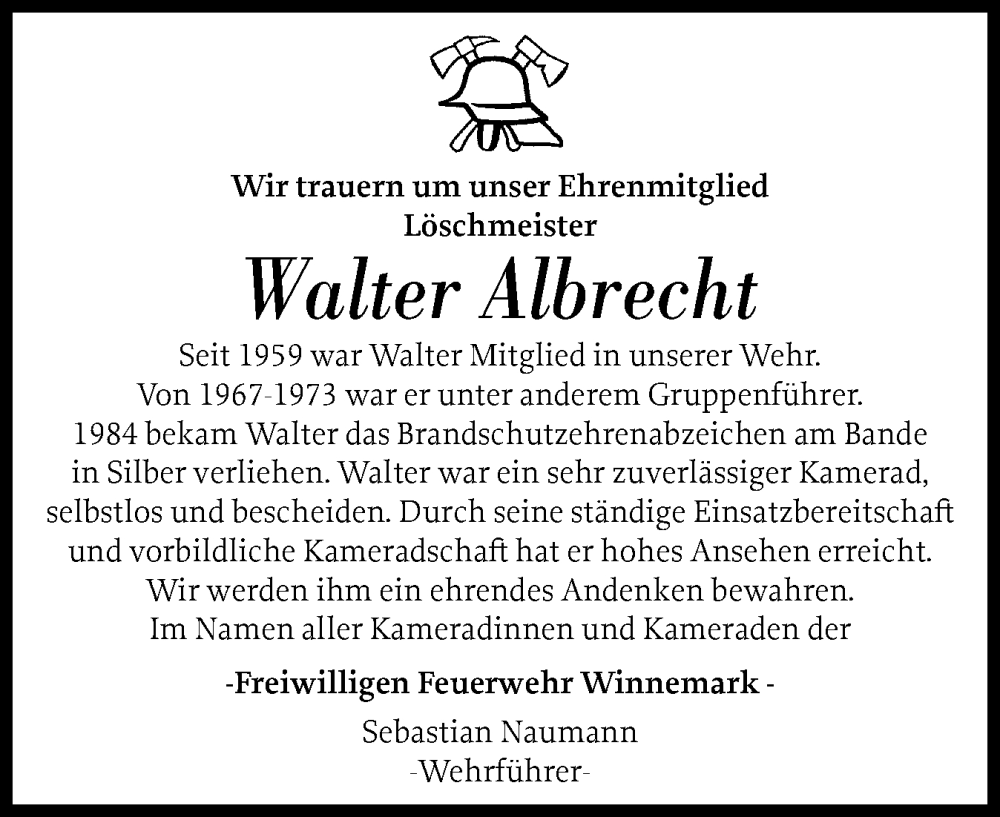  Traueranzeige für Walter Albrecht vom 27.09.2025 aus Schleswiger Nachrichten, Schlei-Bote
