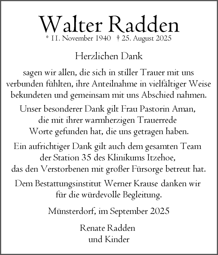  Traueranzeige für Walter Radden vom 20.09.2025 aus Norddeutsche Rundschau, Wilstersche Zeitung, Glückstädter Fortuna