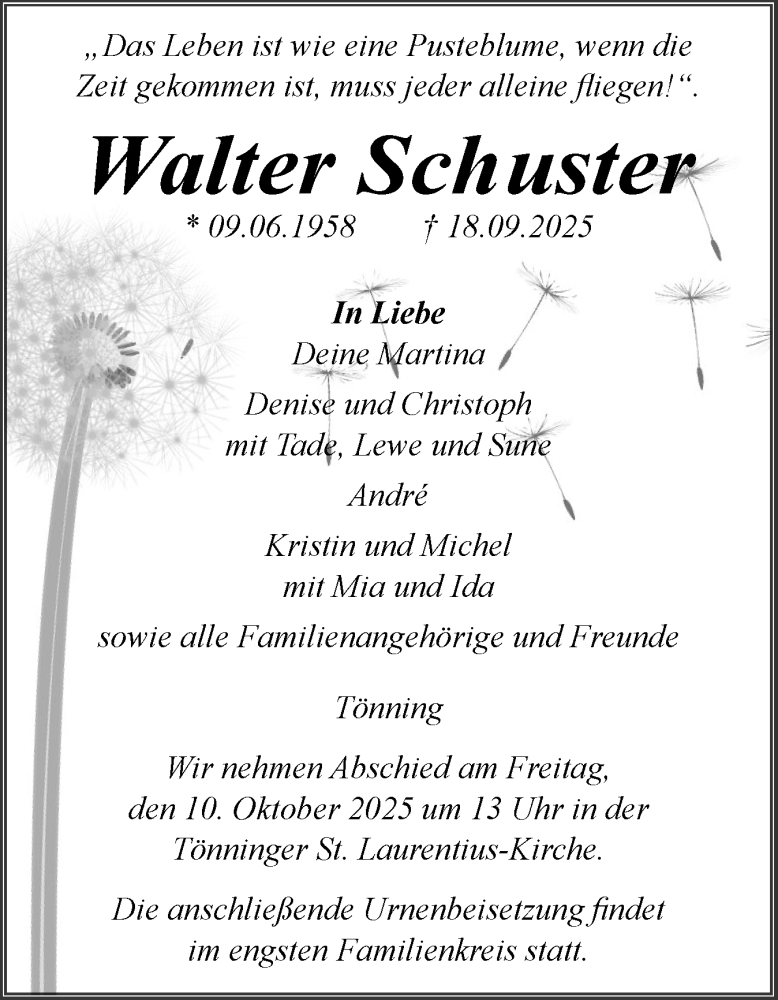  Traueranzeige für Walter Schuster vom 27.09.2025 aus Husumer Nachrichten, Nordfriesland Tageblatt