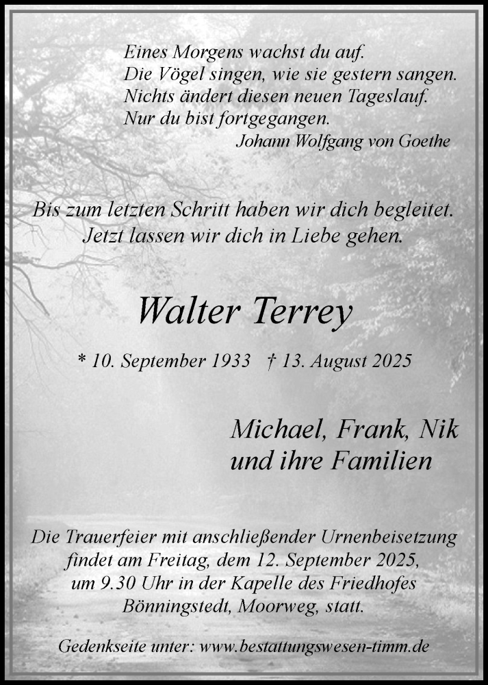  Traueranzeige für Walter Terrey vom 06.09.2025 aus Region Pinneberg und tip Pinneberg