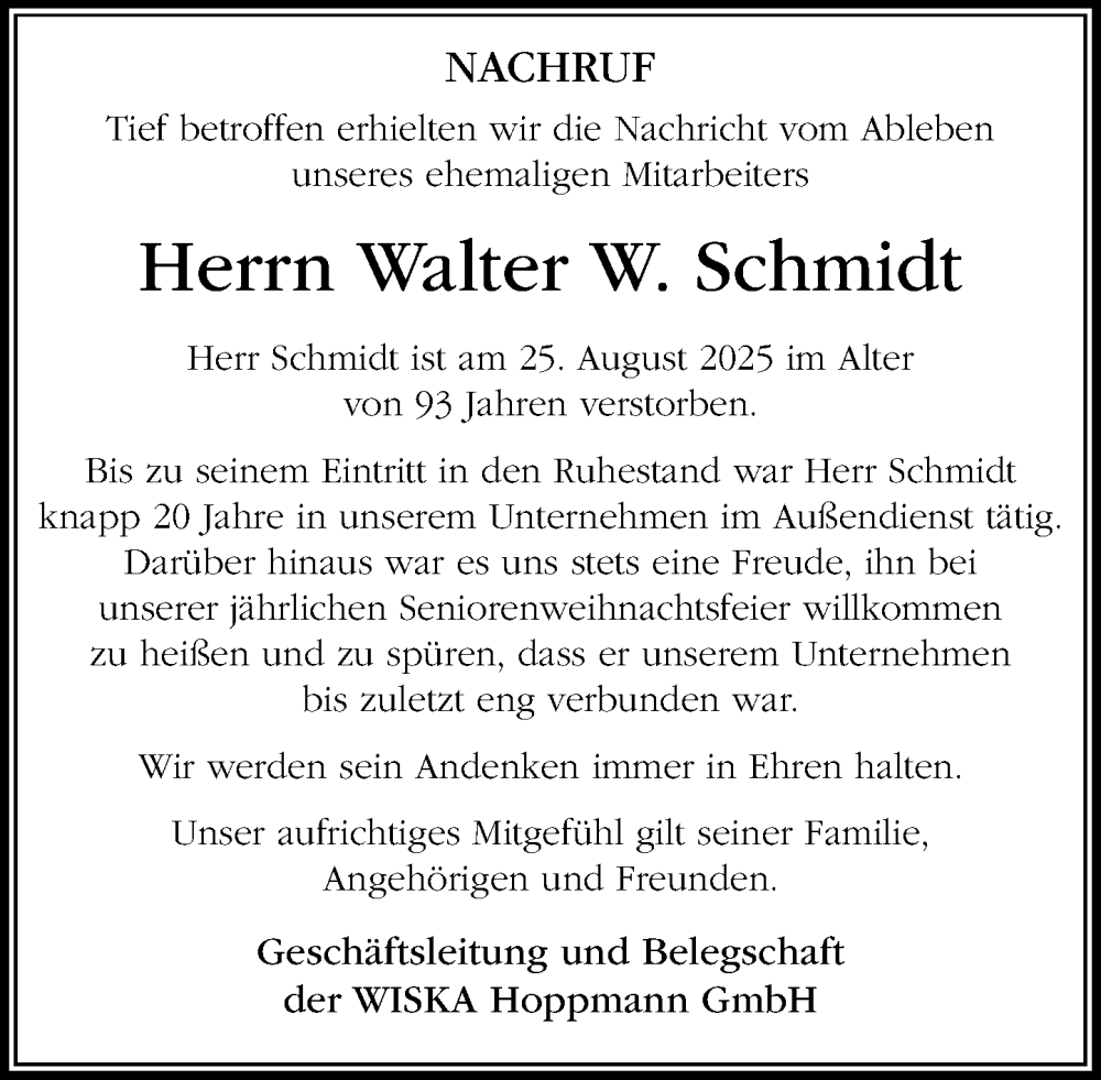  Traueranzeige für Walter W. Schmidt vom 13.09.2025 aus Umschau