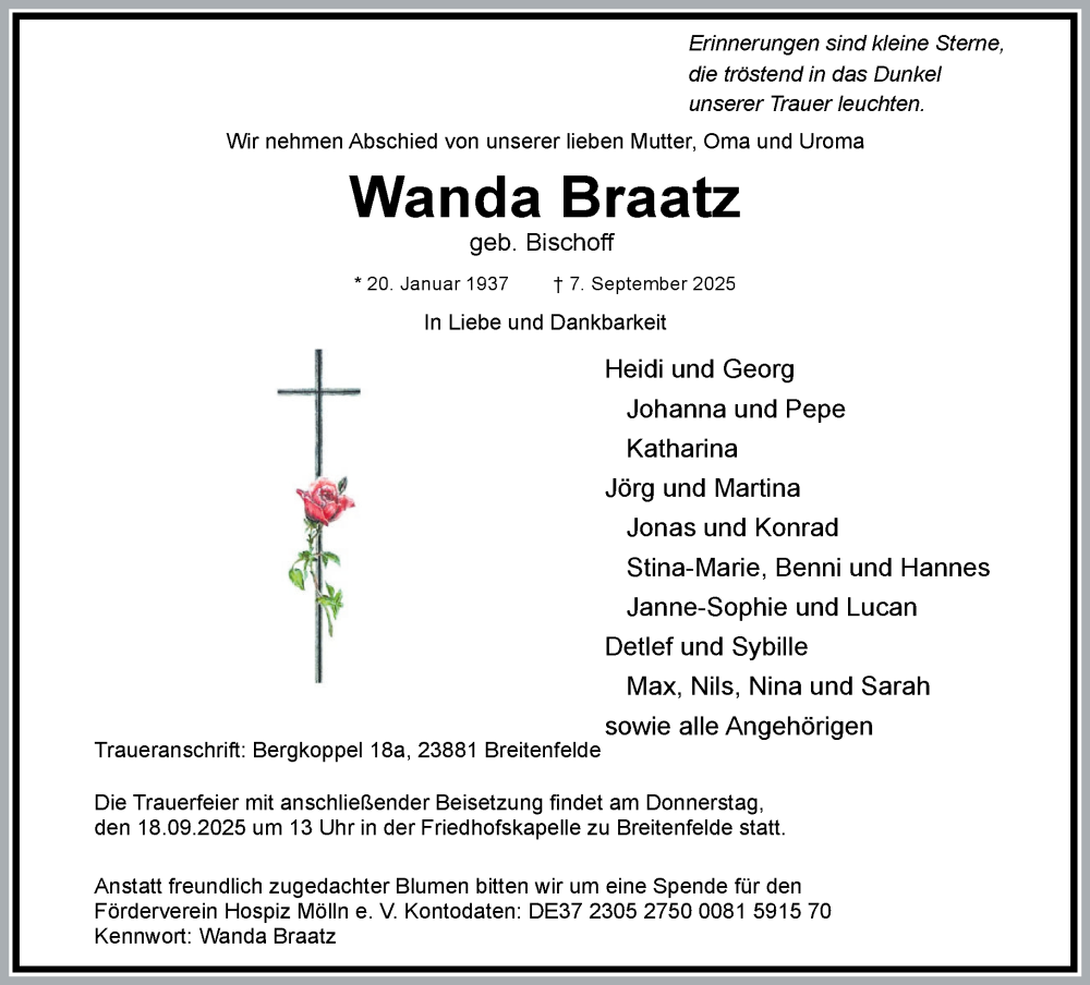 Traueranzeige für Wanda Braatz vom 13.09.2025 aus MARKT Ratzeburg/Mölln