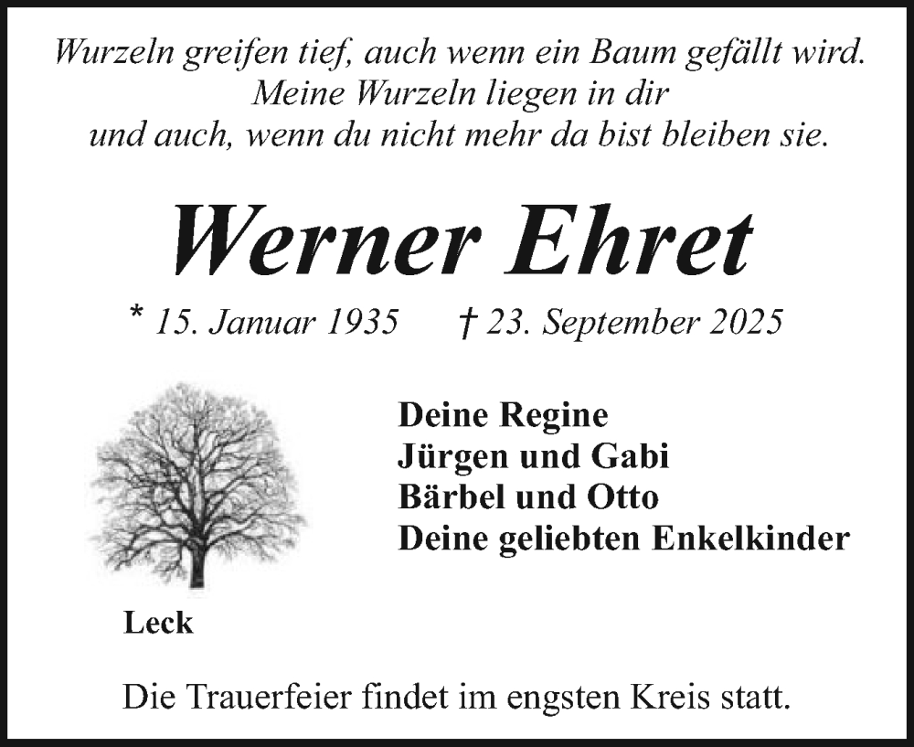  Traueranzeige für Werner Ehret vom 01.10.2025 aus Husumer Nachrichten, Nordfriesland Tageblatt