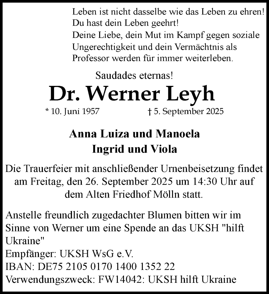  Traueranzeige für Werner Leyh vom 20.09.2025 aus MARKT Ratzeburg/Mölln
