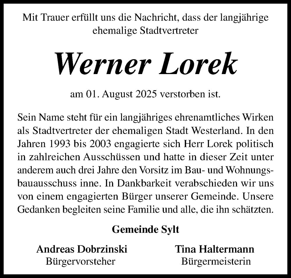  Traueranzeige für Werner Lorek vom 03.09.2025 aus Sylter Rundschau