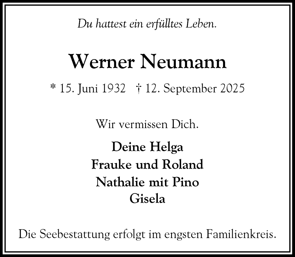  Traueranzeige für Werner Neumann vom 20.09.2025 aus Heimatspiegel