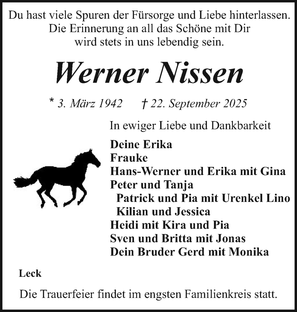  Traueranzeige für Werner Nissen vom 26.09.2025 aus Husumer Nachrichten, Nordfriesland Tageblatt