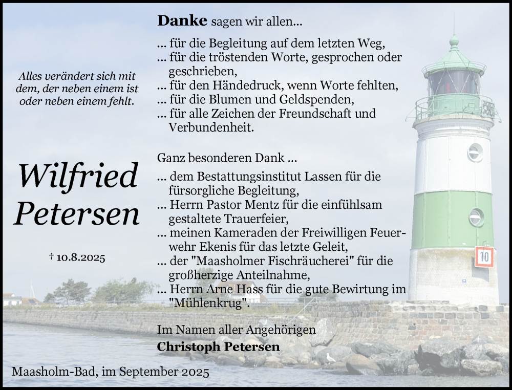  Traueranzeige für Wilfried Petersen vom 06.09.2025 aus Schleswiger Nachrichten, Schlei-Bote