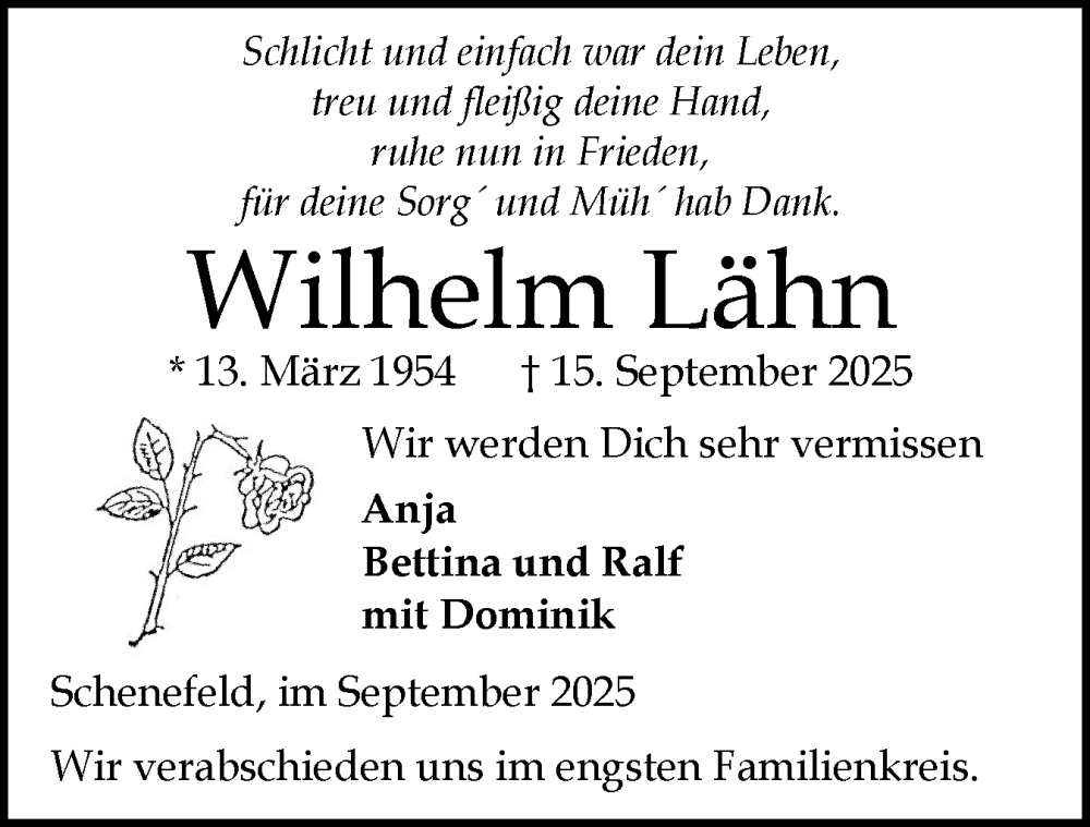  Traueranzeige für Wilhelm Lähn vom 20.09.2025 aus Norddeutsche Rundschau, Wilstersche Zeitung, Glückstädter Fortuna