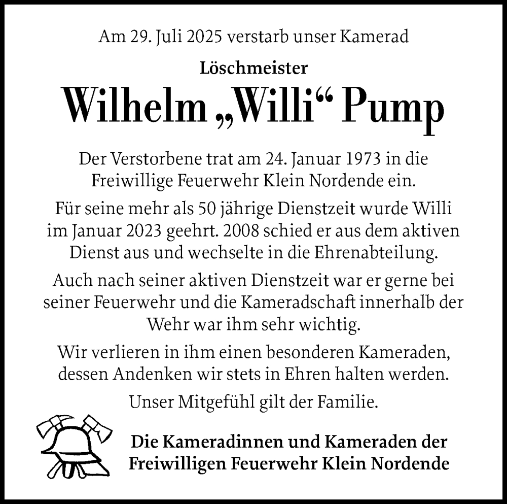  Traueranzeige für Wilhelm Pump vom 20.09.2025 aus Elmshorner Nachrichten, Barmstedter Zeitung