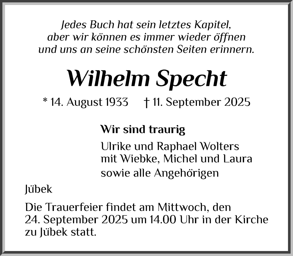  Traueranzeige für Wilhelm Specht vom 20.09.2025 aus Region Flensburg