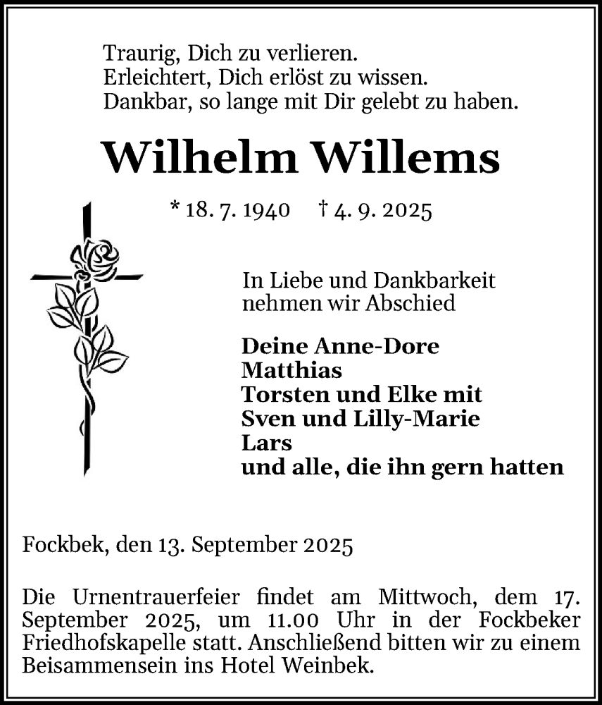  Traueranzeige für Wilhelm Willems vom 13.09.2025 aus Schleswig-Holsteinische Landeszeitung