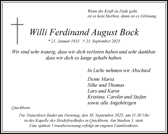 Traueranzeige von Willi Ferdinand August Bock von Umschau