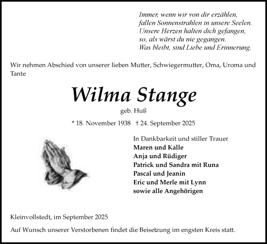 Traueranzeige von Wilma Stange von Schleswig-Holsteinische Landeszeitung