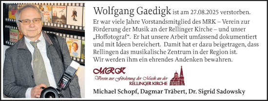 Traueranzeige von Wolfgang Gaedigk von Region Pinneberg und tip Pinneberg