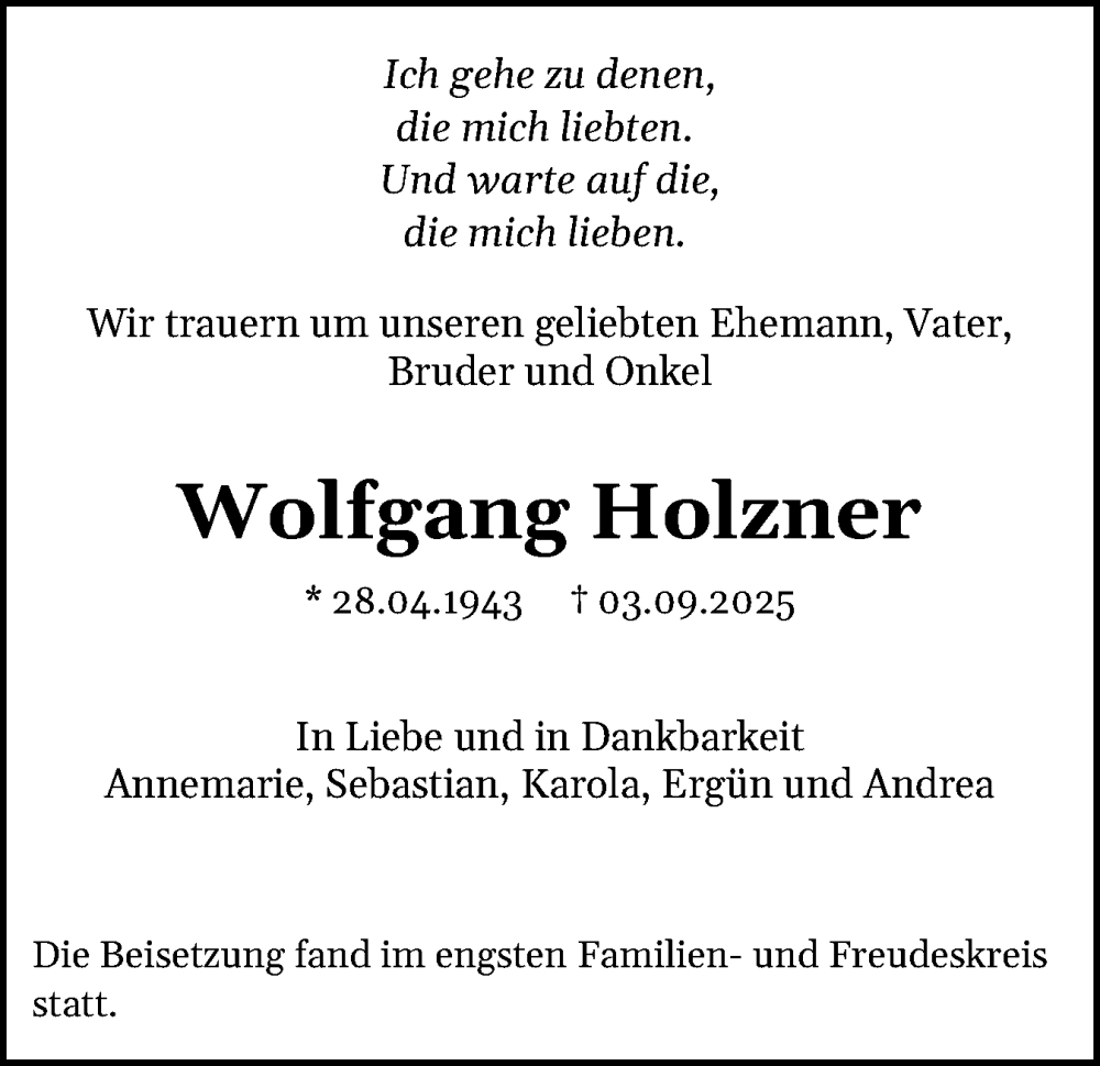  Traueranzeige für Wolfgang Holzner vom 27.09.2025 aus Region Pinneberg und tip Pinneberg