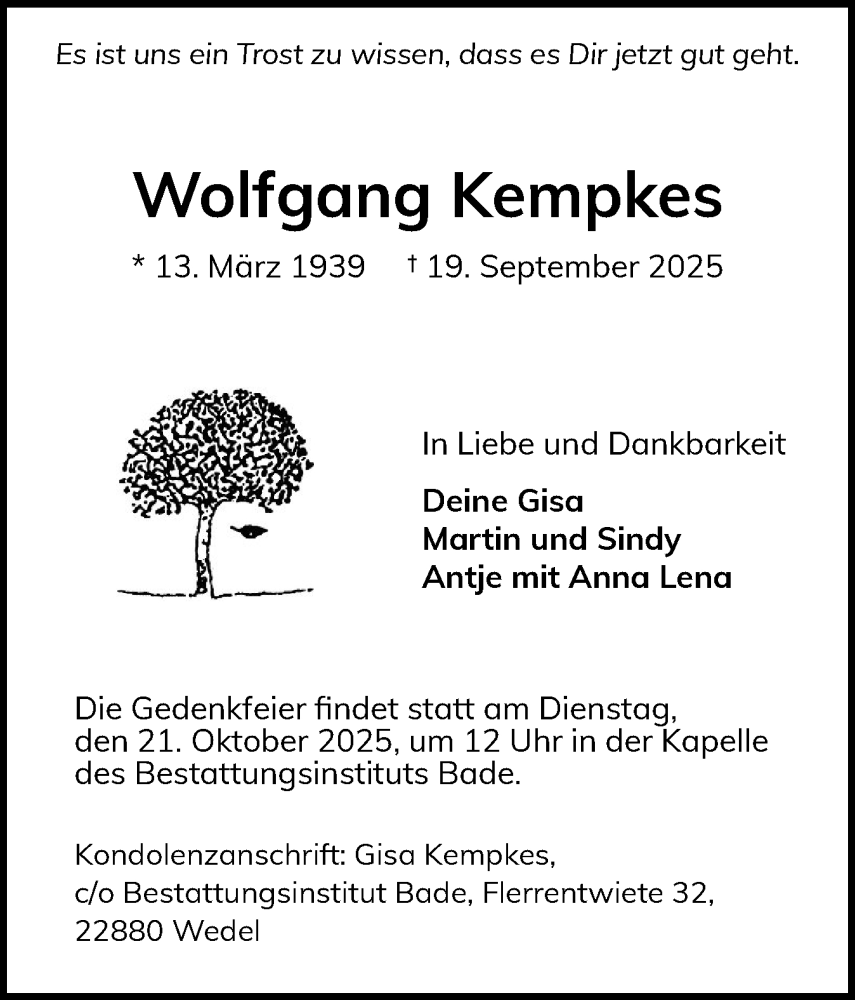  Traueranzeige für Wolfgang Kempkes vom 27.09.2025 aus Wedel-Schulauer Tageblatt, tip Wedel-Schulauer Tageblatt, tip Rissener Rundschau