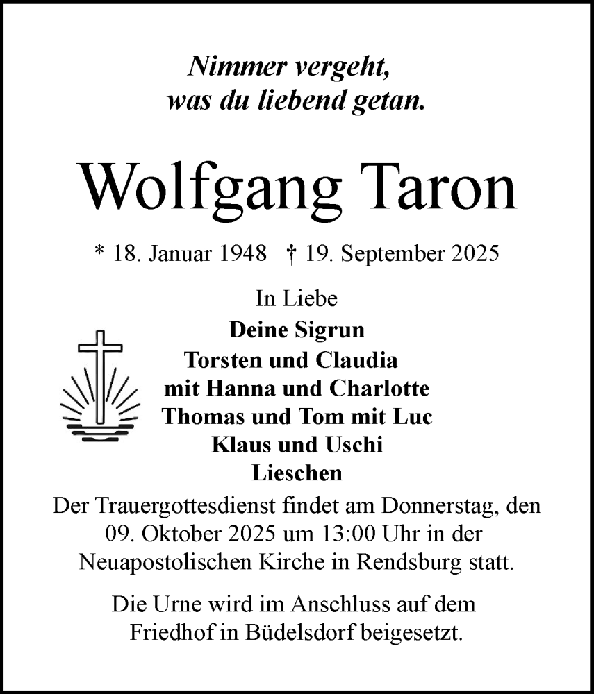  Traueranzeige für Wolfgang Taron vom 27.09.2025 aus Schleswig-Holsteinische Landeszeitung