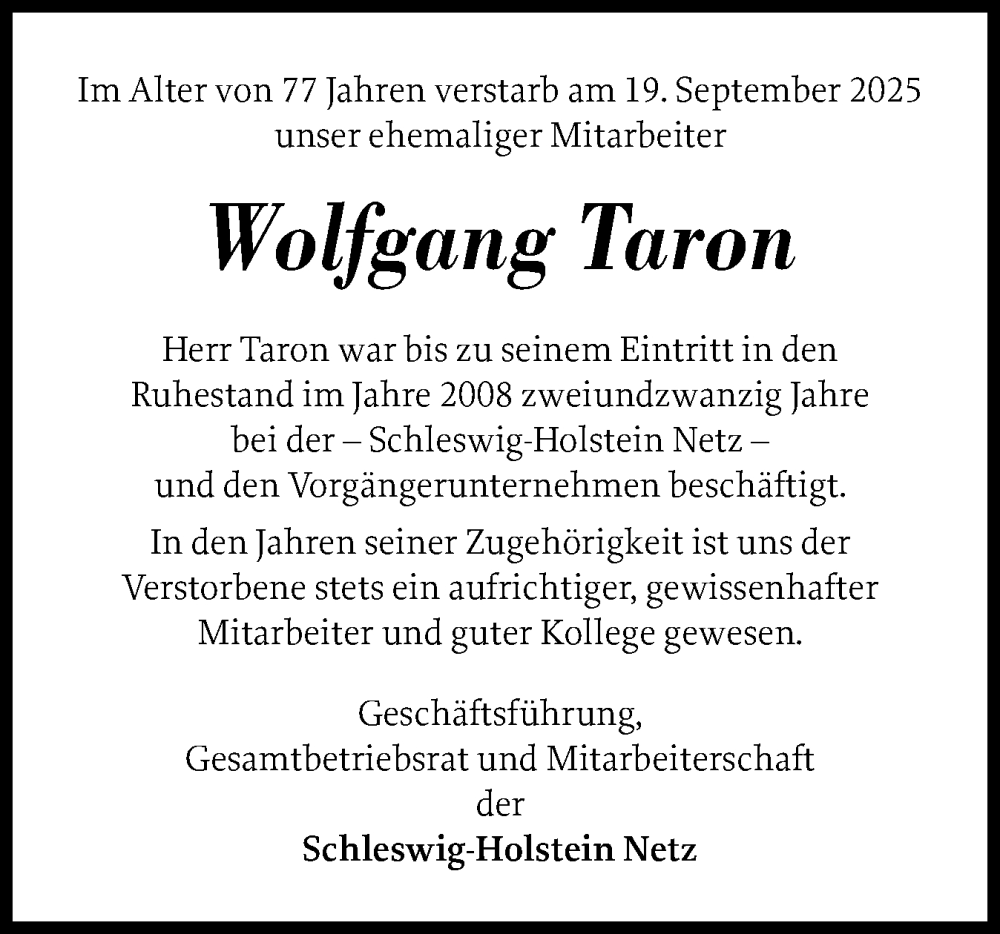  Traueranzeige für Wolfgang Taron vom 27.09.2025 aus Schleswig-Holsteinische Landeszeitung