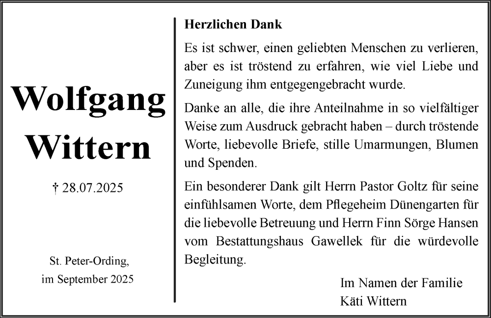  Traueranzeige für Wolfgang Wittern vom 20.09.2025 aus Husumer Nachrichten, Nordfriesland Tageblatt