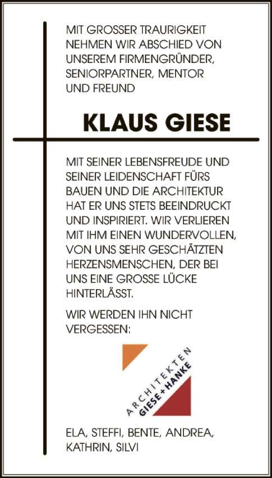 Traueranzeige von Klaus Giese 