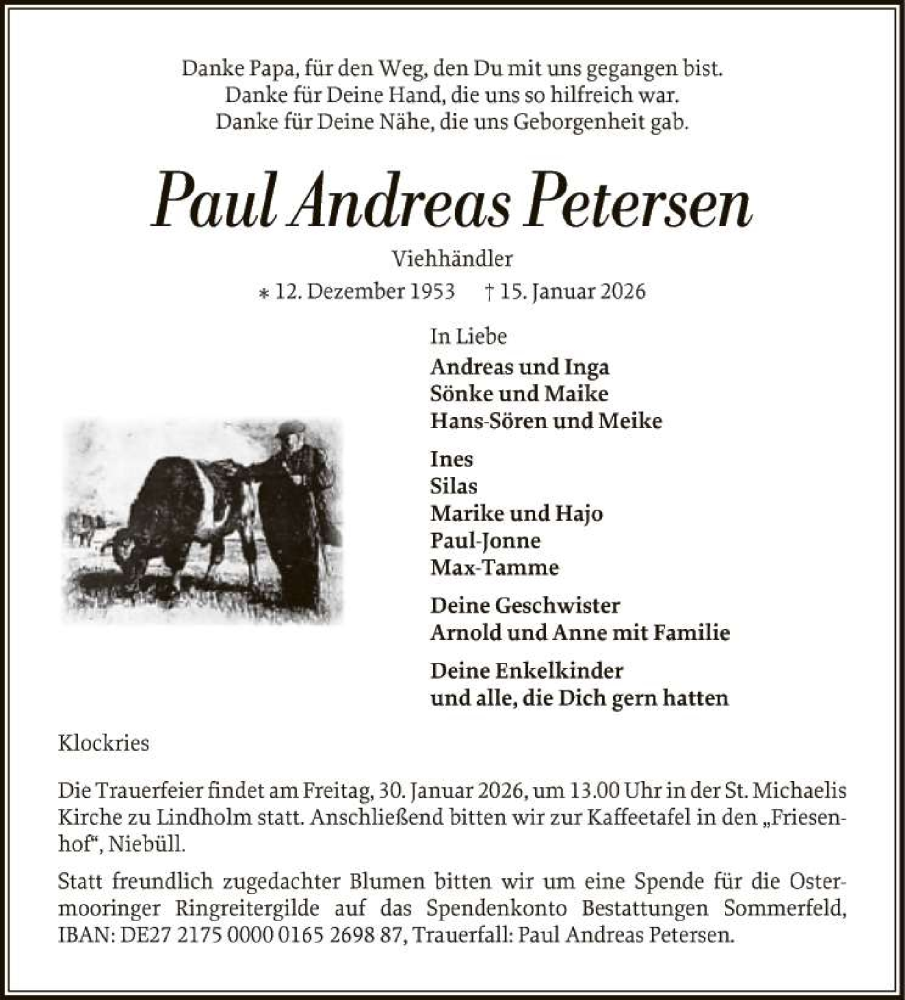  Traueranzeige für Paul Andreas Petersen vom 24.01.2026 aus 