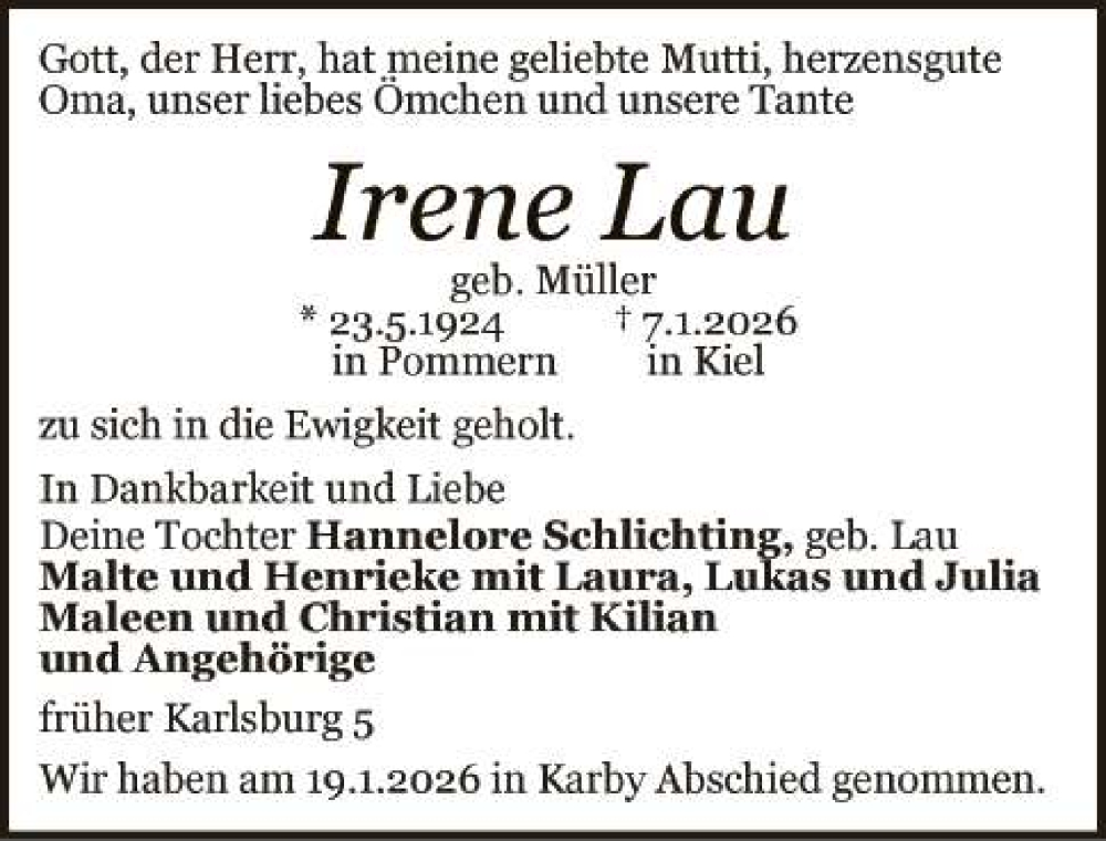  Traueranzeige für Irene Lau vom 24.01.2026 aus 