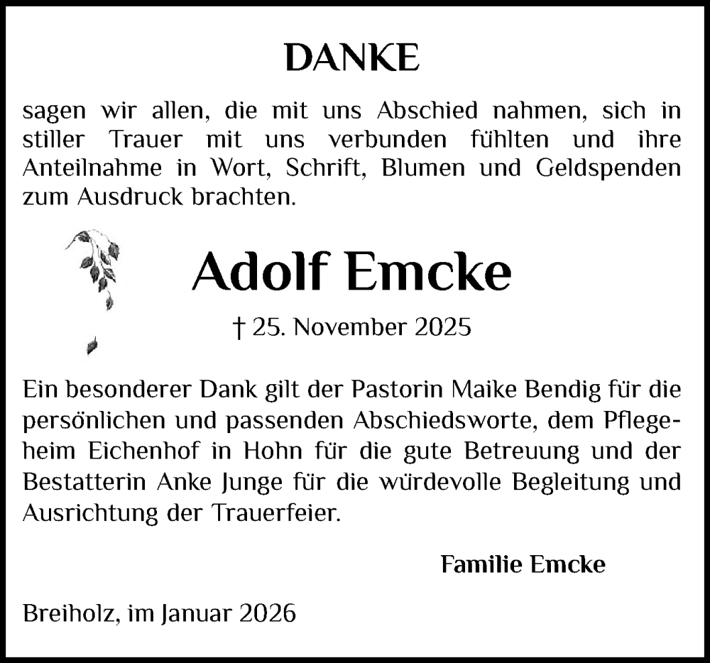  Traueranzeige für Adolf Emcke vom 03.01.2026 aus Schleswig-Holsteinische Landeszeitung