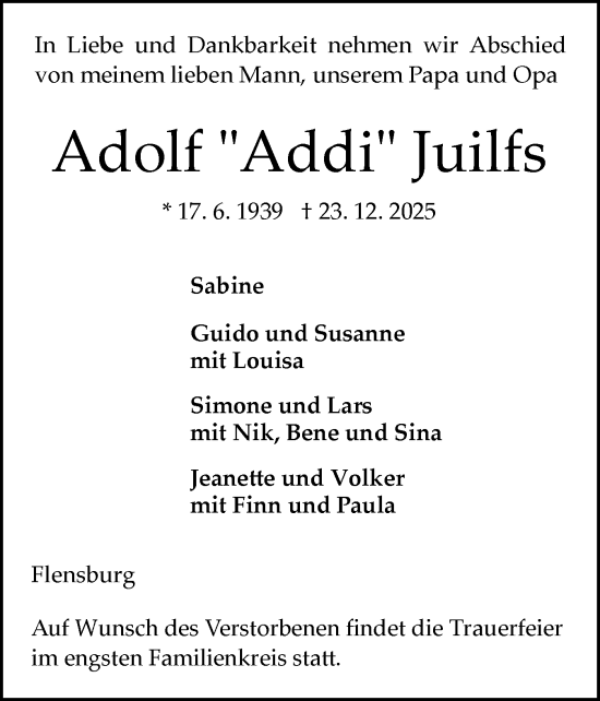 Traueranzeige von Adolf Juilfs von Flensburger Tageblatt