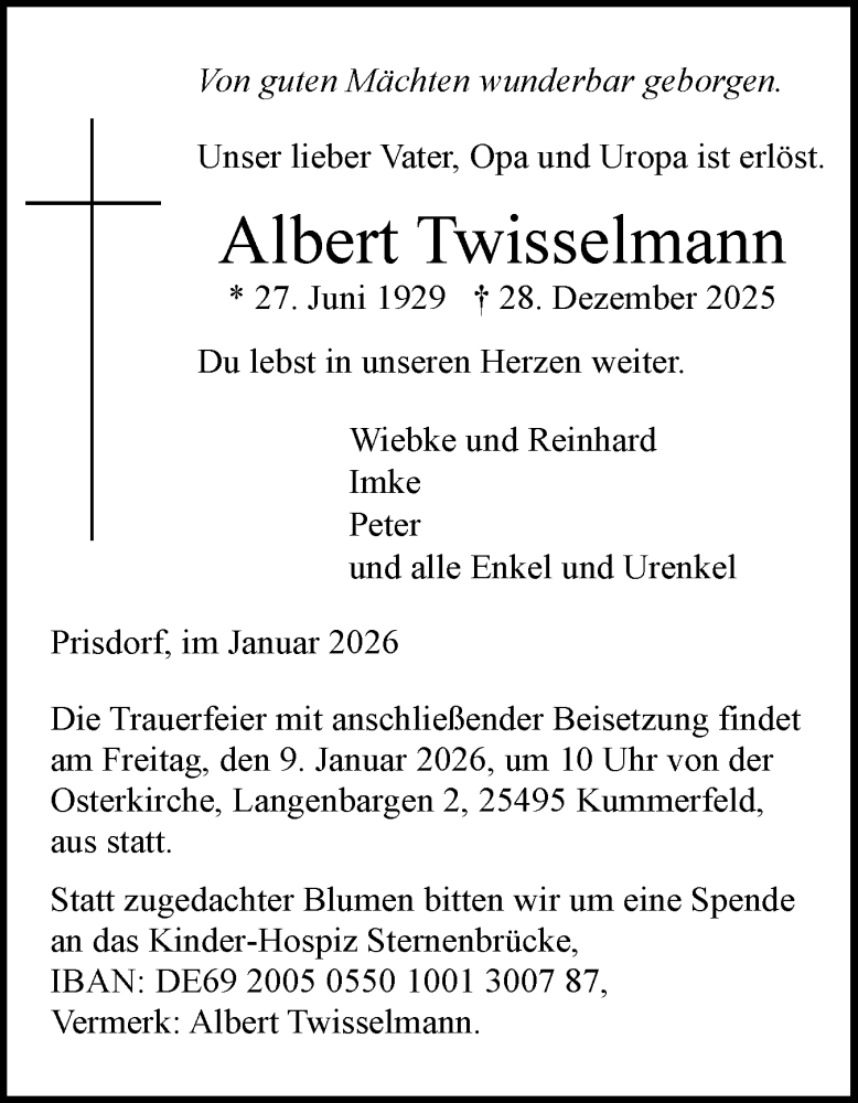  Traueranzeige für Albert Twisselmann vom 03.01.2026 aus Region Pinneberg und tip Pinneberg
