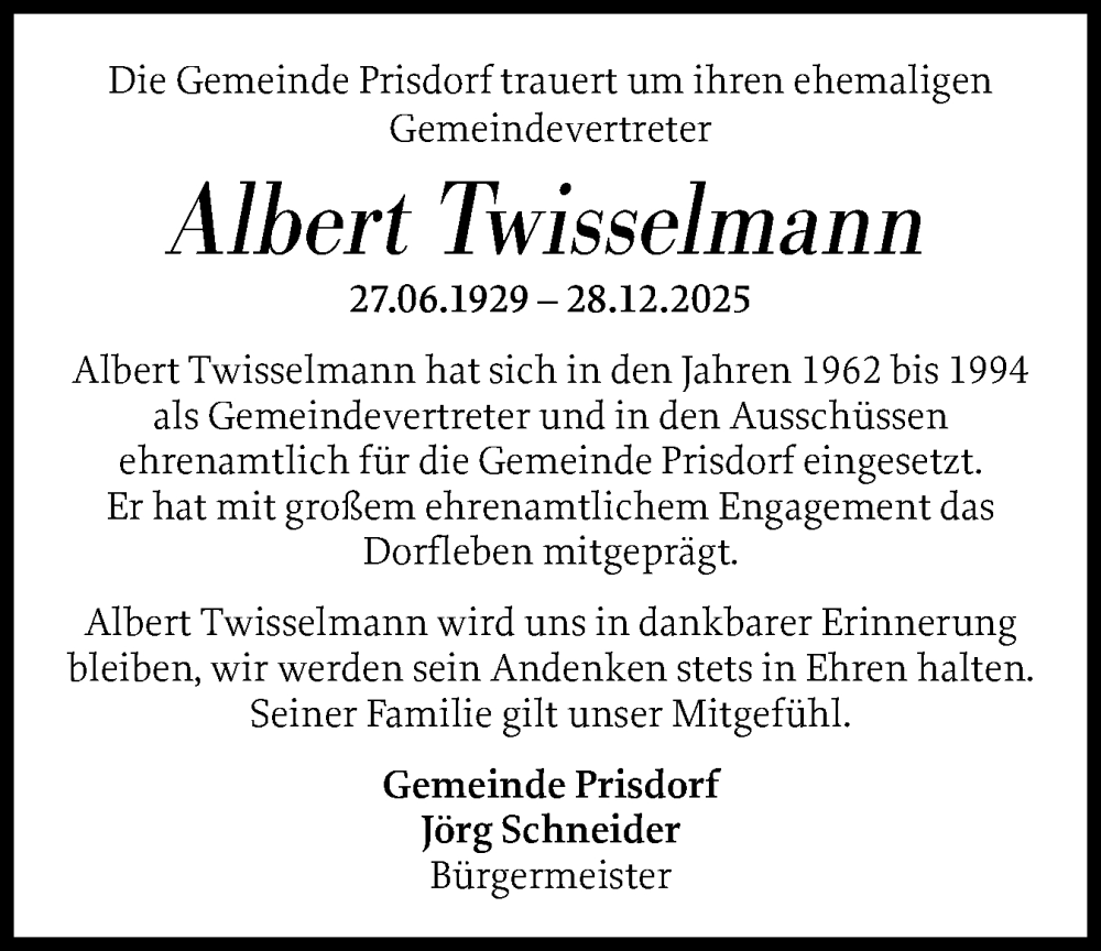  Traueranzeige für Albert Twisselmann vom 17.01.2026 aus Region Pinneberg und tip Pinneberg