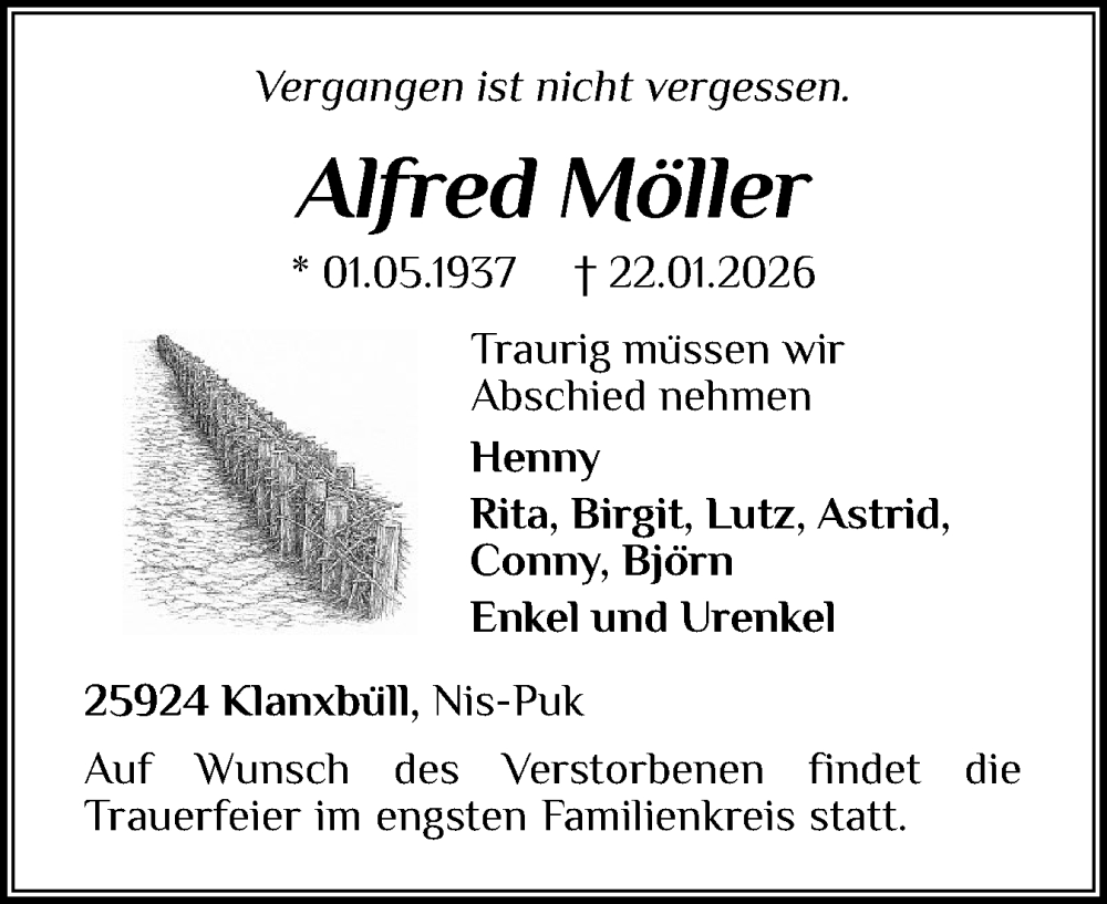  Traueranzeige für Alfred Möller vom 31.01.2026 aus Husumer Nachrichten, Nordfriesland Tageblatt