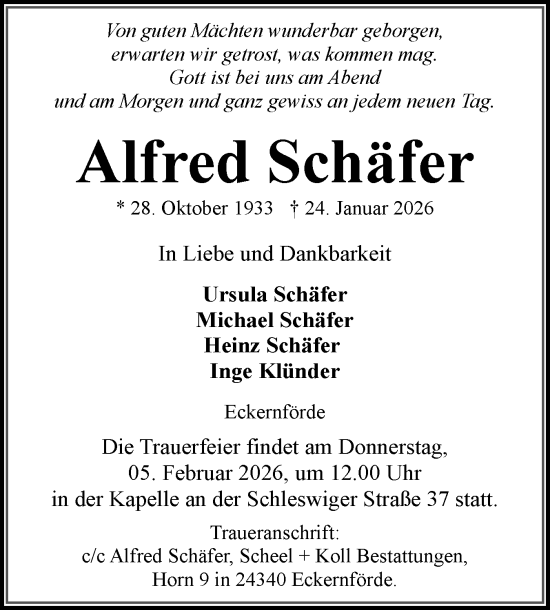 Traueranzeige von Alfred Schäfer von Eckernförder Zeitung