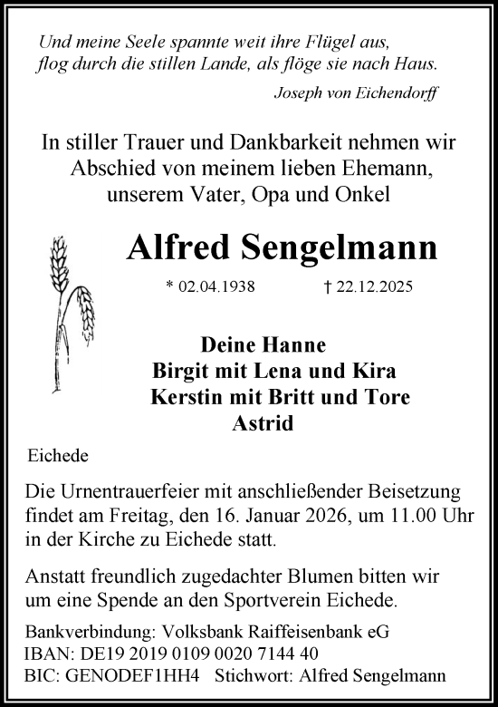 Traueranzeige von Alfred Sengelmann von MARKT Bad Oldesloe/Reinfeld und Stormarner Tageblatt