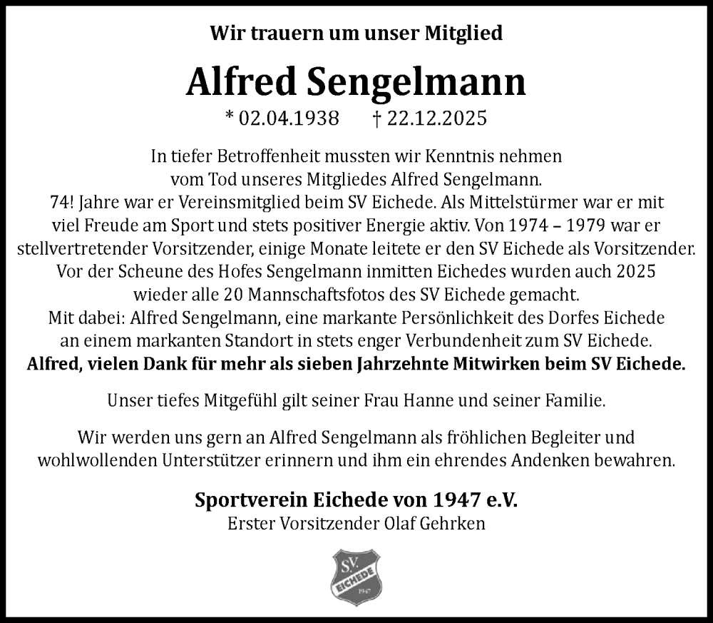 Traueranzeige für Alfred Sengelmann vom 10.01.2026 aus MARKT Bad Oldesloe/Reinfeld und Stormarner Tageblatt