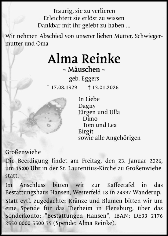 Traueranzeige von Alma Reinke von Flensburger Tageblatt