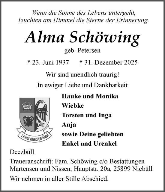 Traueranzeige von Alma Schöwing von Husumer Nachrichten, Nordfriesland Tageblatt