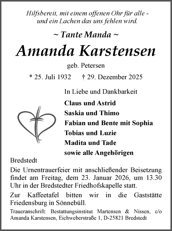 Traueranzeige von Amanda Karstensen von Husumer Nachrichten, Nordfriesland Tageblatt