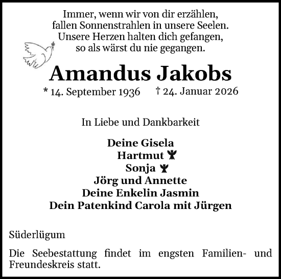 Traueranzeige von Amandus Jakobs von Husumer Nachrichten, Nordfriesland Tageblatt