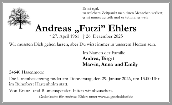 Traueranzeige von Andreas Ehlers von Heimatspiegel