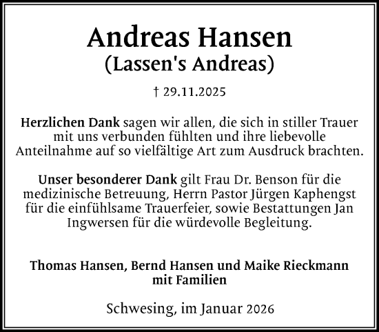 Traueranzeige von Andreas Hansen von Husumer Nachrichten, Nordfriesland Tageblatt
