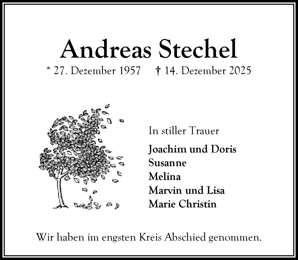  Traueranzeige für Andreas Stechel vom 17.01.2026 aus MARKT Bad Oldesloe/Reinfeld und Stormarner Tageblatt