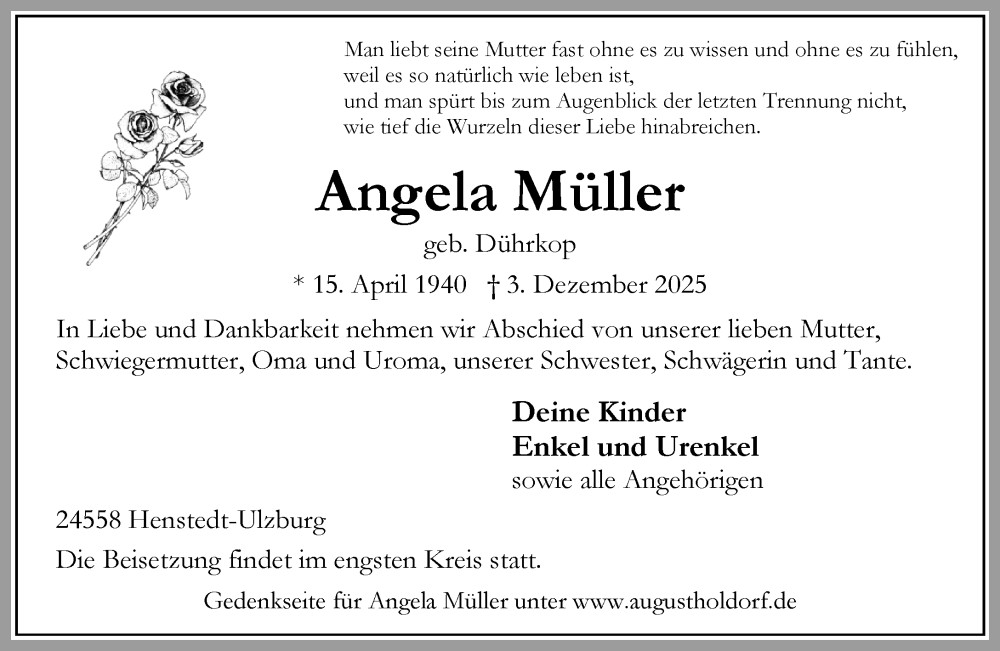 Traueranzeige für Angela Müller vom 03.01.2026 aus Umschau