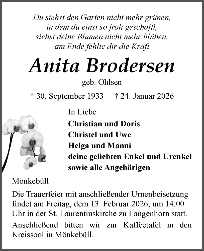  Traueranzeige für Anita Brodersen vom 31.01.2026 aus Husumer Nachrichten, Nordfriesland Tageblatt
