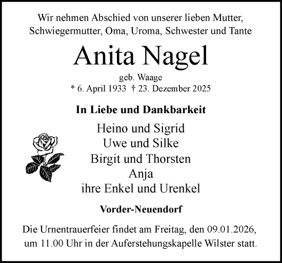 Traueranzeige von Anita Nagel von Norddeutsche Rundschau, Wilstersche Zeitung, Glückstädter Fortuna