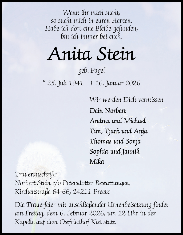  Traueranzeige für Anita Stein vom 31.01.2026 aus Schleswig-Holsteinische Landeszeitung