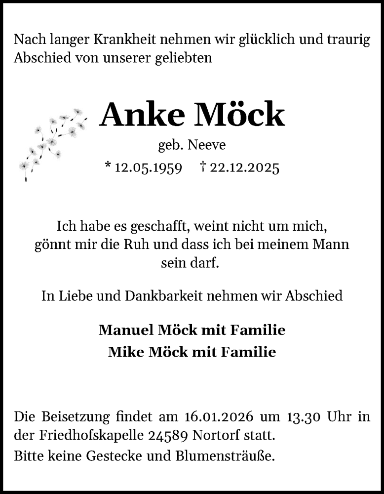  Traueranzeige für Anke Möck vom 12.01.2026 aus Schleswig-Holsteinische Landeszeitung